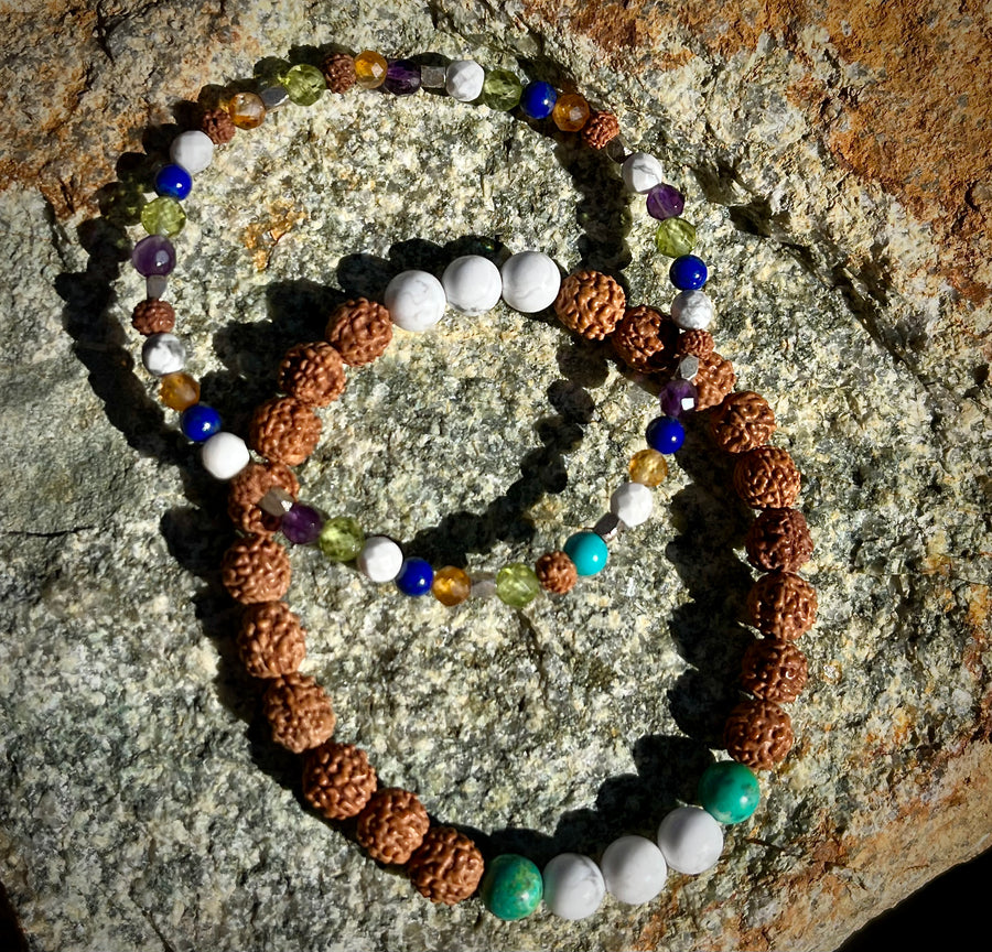 In Living Color bracelet stack with various gemstones and rudraksha seeds.