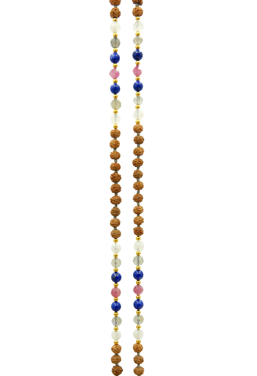 The Blue Moon Mala from balimalas.com is handcrafted with rudrani seeds, moonstone, labradorite and tourmaline gemstone with 22k gold accents.