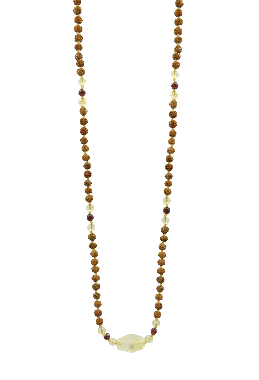 A choker-length mala necklace named 'Sunshine Daydream,' featuring 4mm rudraksha, citrine, and garnet beads. The mala exudes joyful whimsy with bright citrine and energizing garnet accents, symbolizing blooming red roses and the freedom of walking in tall trees. A citrine pendant adds radiance to this enchanting mala.