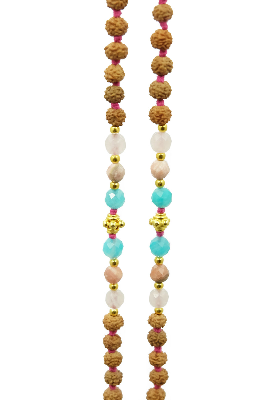 Angel's Embrace necklace made from rose quartz, amazonite, rhodochrosite and 22k gold accentsAngel's Embrace necklace made from rose quartz, amazonite, rhodochrosite and 22k gold accents