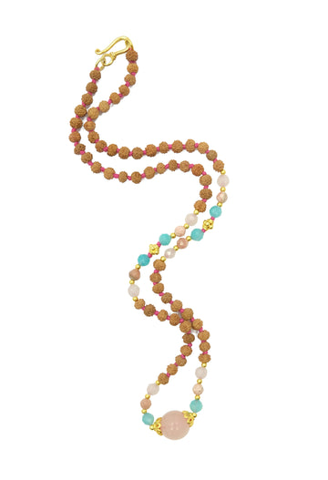 Angel's Embrace necklace made from rose quartz, amazonite, rhodochrosite and 22k gold accents