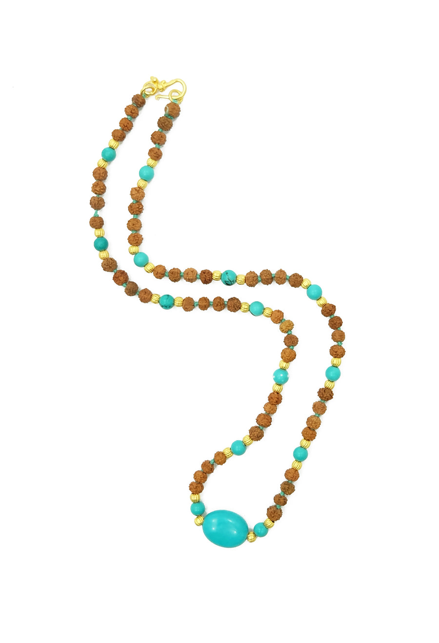 Azure Waves choker length necklace made from rudraksha seeds, turquoise beads and 22k gold accents.
