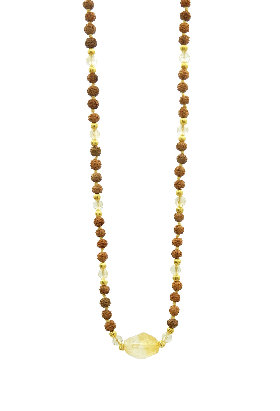 Golden Aura choker length necklace is hand-made from rudraksha seeds, citrine and 22k gold accents. 