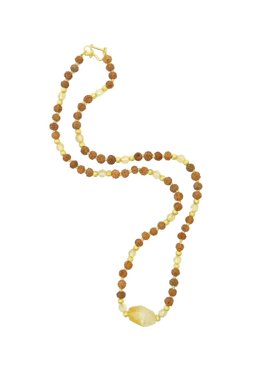 Golden Aura choker length necklace is hand-made from rudraksha seeds, citrine and 22k gold accents. 