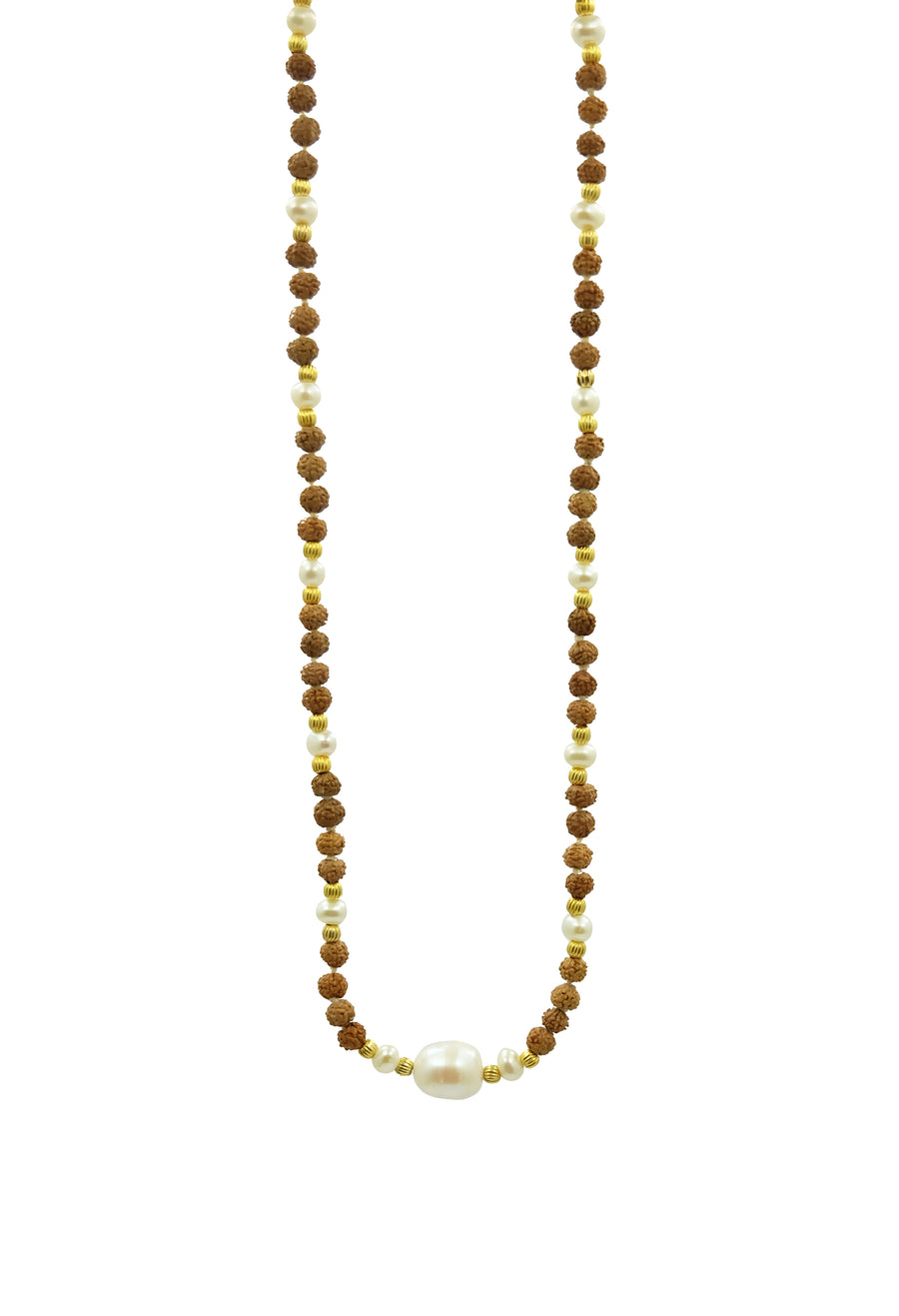 Mystic Moonlight is a choker length necklace hand-made from rudraksha seeds, pearls and 22k gold accents.