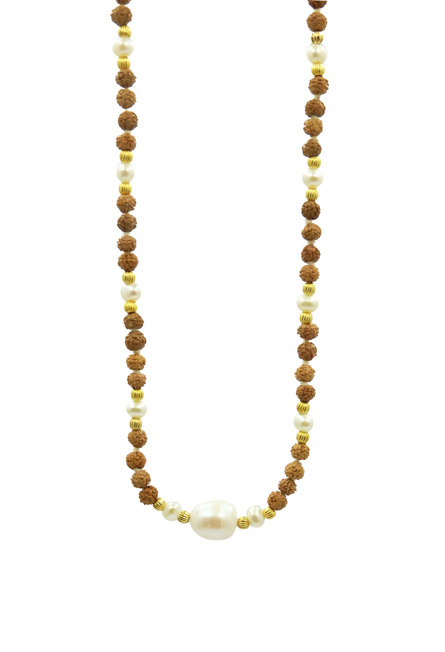 Mystic Moonlight is a choker length necklace hand-made from rudraksha seeds, pearls and 22k gold accents.