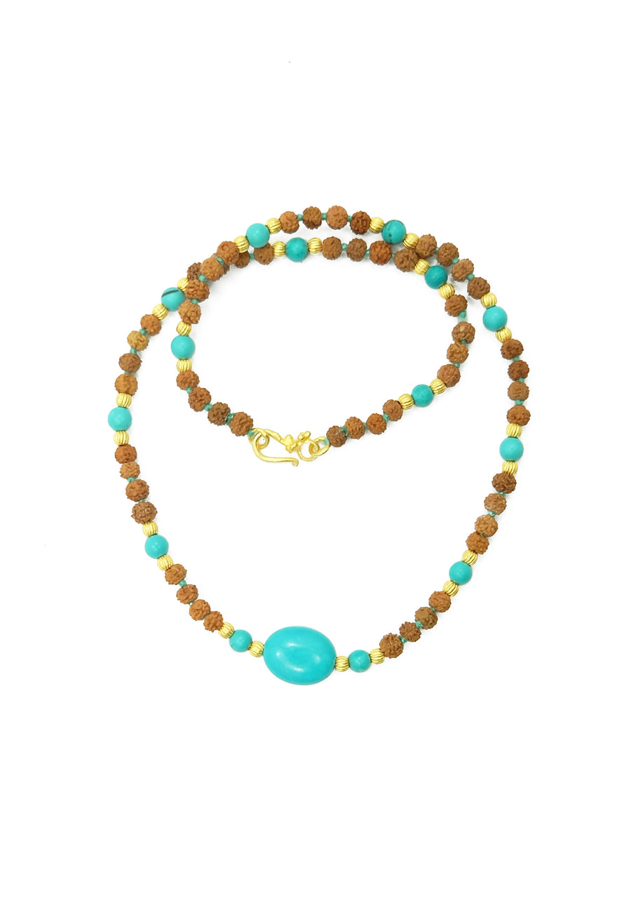 Azure Waves choker length necklace made from rudraksha seeds, turquoise beads and 22k gold accents.