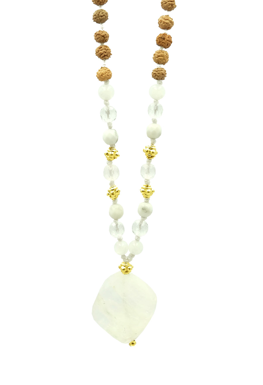Divine Luminary is a choker length necklace handmade by balimalas.com from rudraksha seeds, quartz crystal, howlite beads and a howlite pendant.