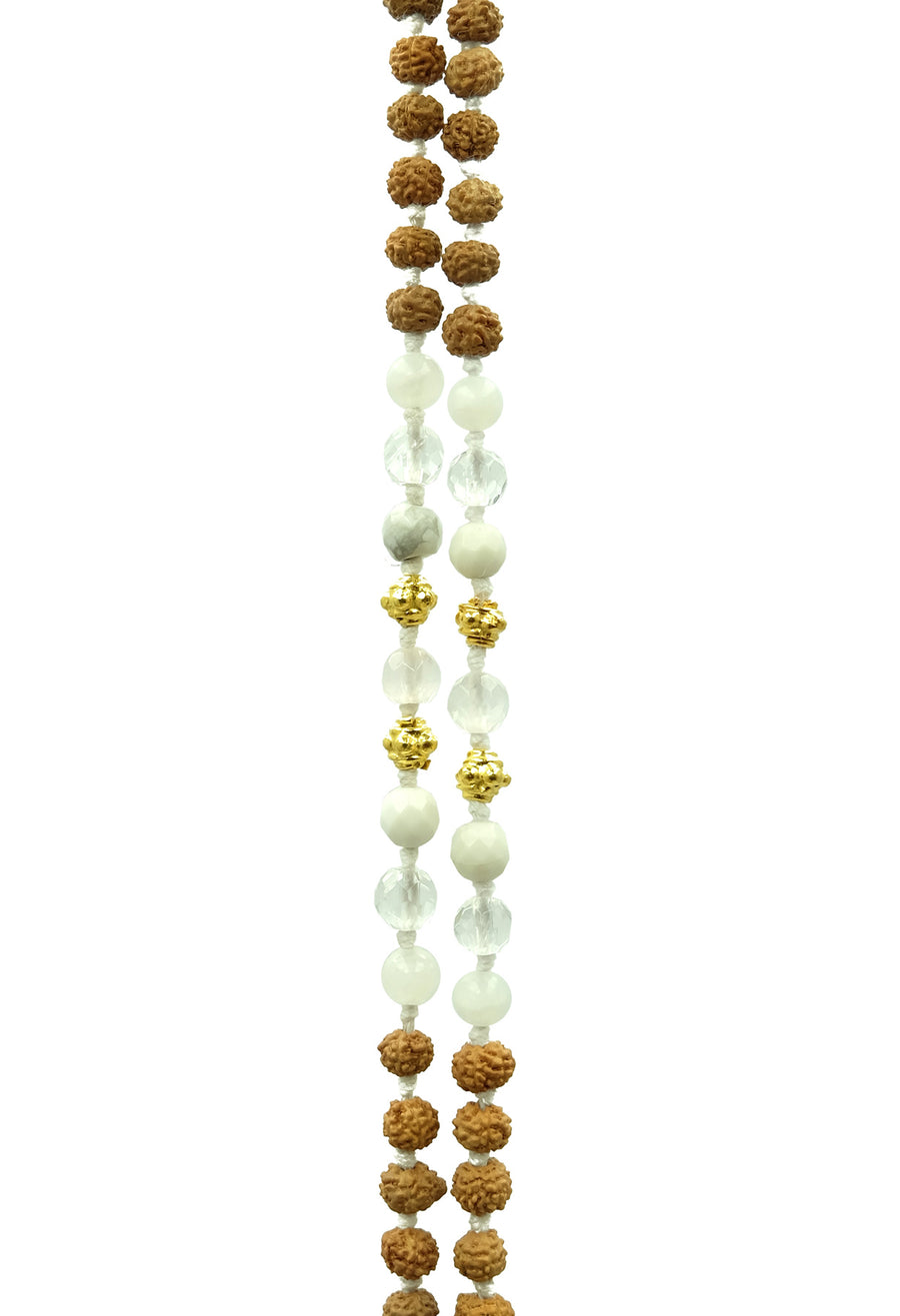 Divine Luminary is a choker length necklace handmade by balimalas.com from rudraksha seeds, quartz crystal, howlite beads and a howlite pendant.