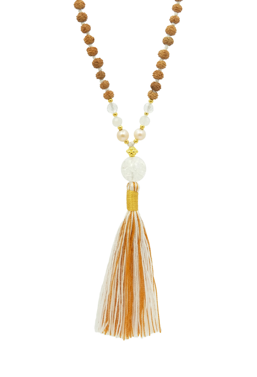 The Crystal Clarity mala features a divine trio of quartz, pearls, and rudraksha, can heighten insights of intuition and open a clear channel with your higher-self.