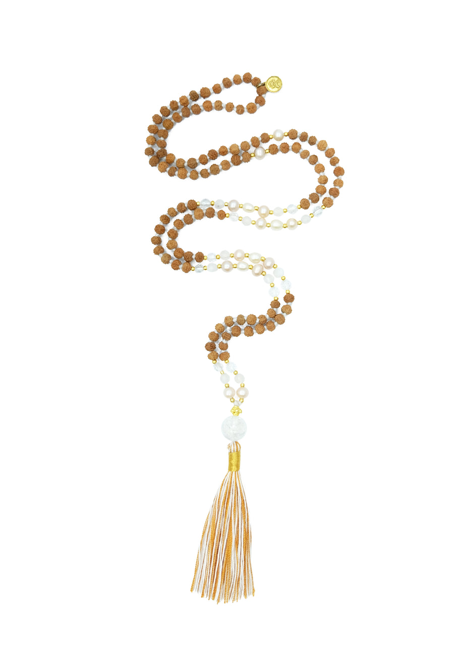 The Crystal Clarity mala features a divine trio of quartz, pearls, and rudraksha, can heighten insights of intuition and open a clear channel with your higher-self.