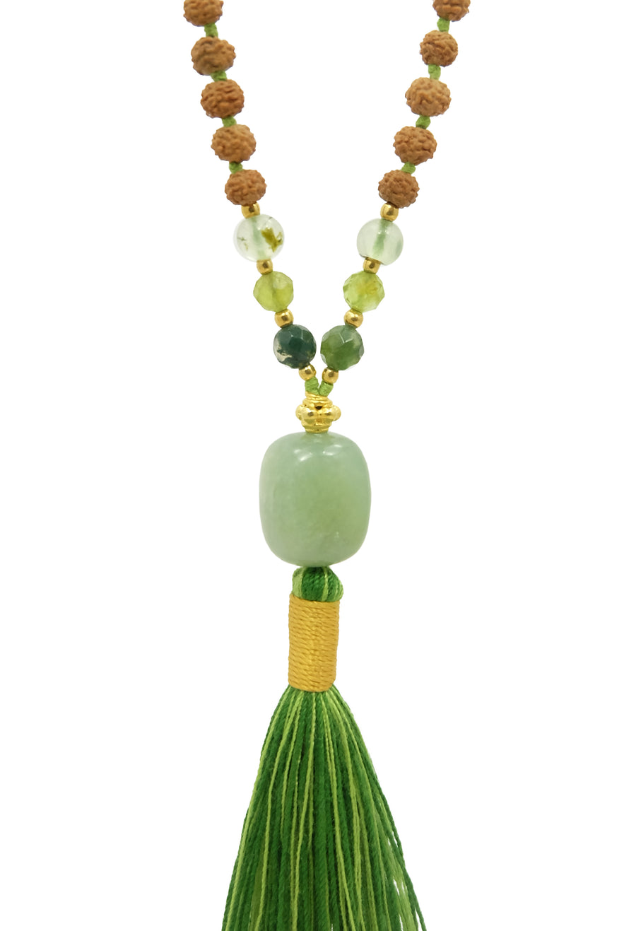The Green Earth Goddess mala featuring aventurine, moss agate, prehnite and peridot evokes the cool lushness of ferns by the creekside, misty boulders covered in resilient moss, and the verdant abundance of a summer garden. 