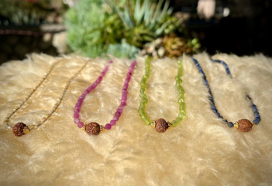 Peridot, sapphire, ruby and citrine choker necklaces with 8 mukhi chikna rudraksha from balimalas.com