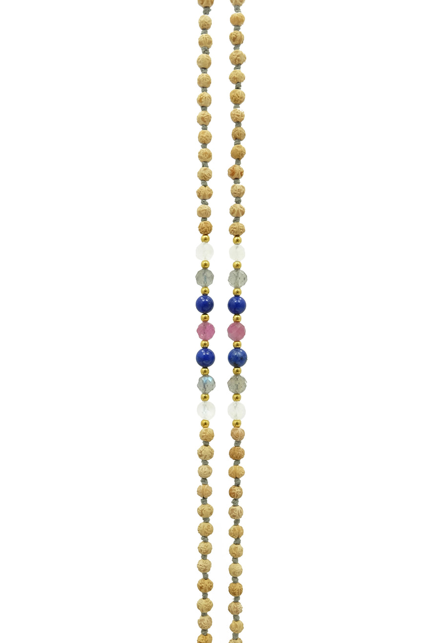 Image: Ice Moon Mala - Cooling Gemstones | Moonstone, Labradorite, Tourmaline | Rudrani Seeds | 22k Gold Accents | Lapis Lazuli Pendant. Find balance and tranquility with this serene Ice Moon Mala inspired by Native American tradition. Calm irritable moods and perfectionist minds with the cooling, calming nature of moonstone, labradorite, and tourmaline gemstones. Ideal for spiritual seekers and those seeking inner harmony.