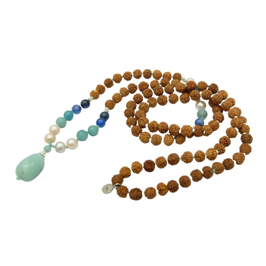 Mala Prayer beads strung with rudraksha, amazonite, pearl , kyanite  and pendant and sterling silver accents.