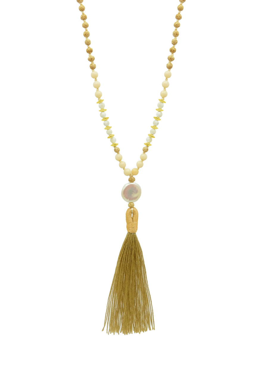  Uluwatu Moon Mala featuring rudrani beads, pearls, corals, moonstone, and elegant 22k Gold accents, by www.balimalas.com.