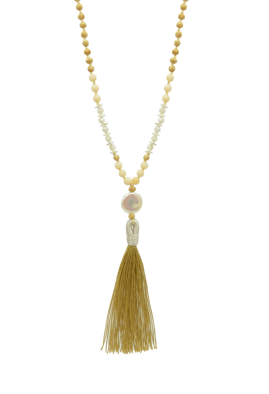 Uluwatu Moon Mala featuring pearls, corals, moonstone, and elegant sterling silver accents by www.balimalas.com.