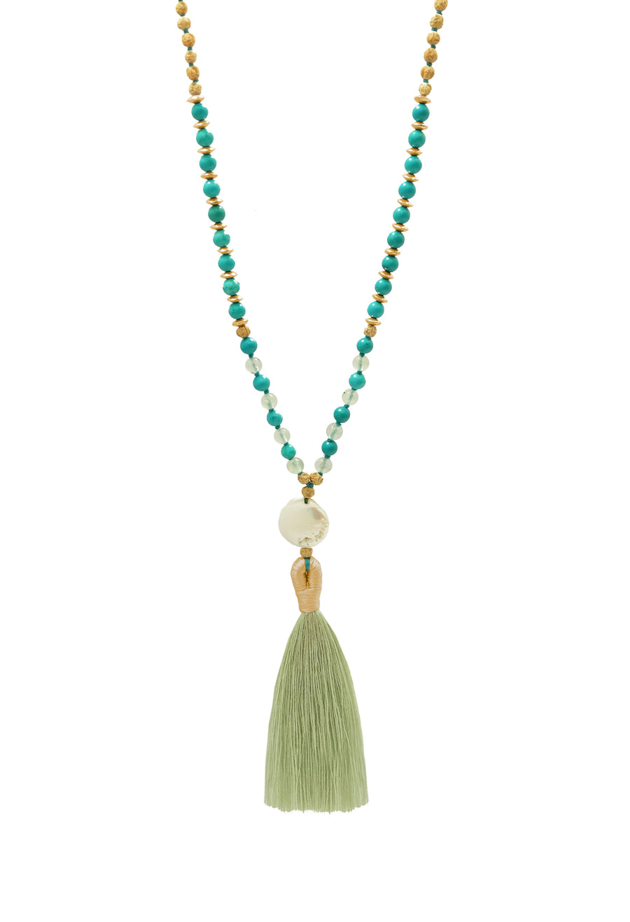 A captivating mala necklace named 'Lanikai Sunrise' with serene ocean-inspired colors. The mala features beautiful 4mm prehnite, turquoise gemstones, and rudrani seeds, complemented by elegant 22K gold accents. At its heart, a shimmering freshwater pearl pendant adds a touch of sophistication. Experience the bliss of floating weightless in heavenly waves under the tropical sun with this enchanting mala.