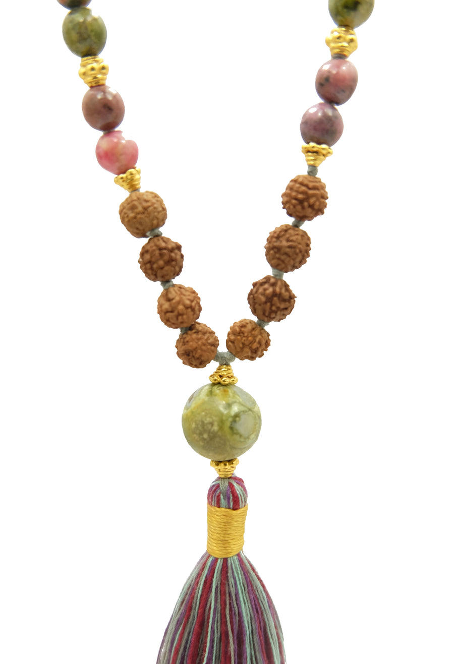 An image of a 108 prayer bead mala necklace crafted with Rudraksha, Jasper, and Rhodonite gemstones, exuding natural beauty and spiritual energy.