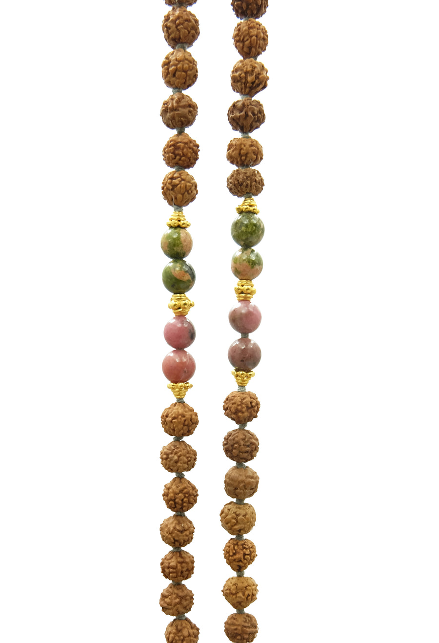 An image of a 108 prayer bead mala necklace crafted with Rudraksha, Jasper, and Rhodonite gemstones, exuding natural beauty and spiritual energy.