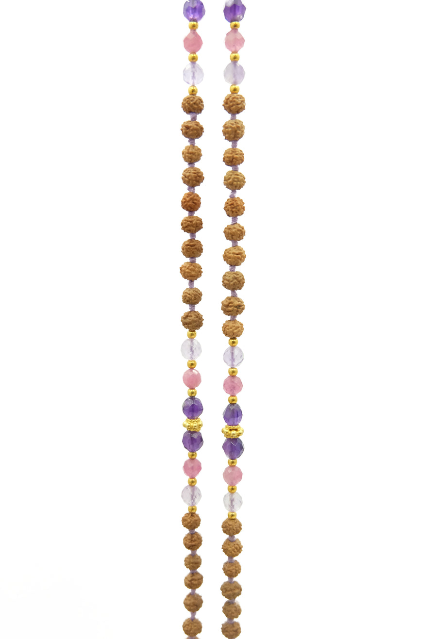 Purple Reign Mala mala necklace hand-made from rudraksha seeds, amethyst, pink tourmaline and 22k gold accents.