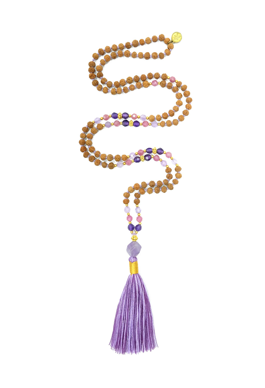 Purple Reign Mala mala necklace hand-made from rudraksha seeds, amethyst, pink tourmaline and 22k gold accents.